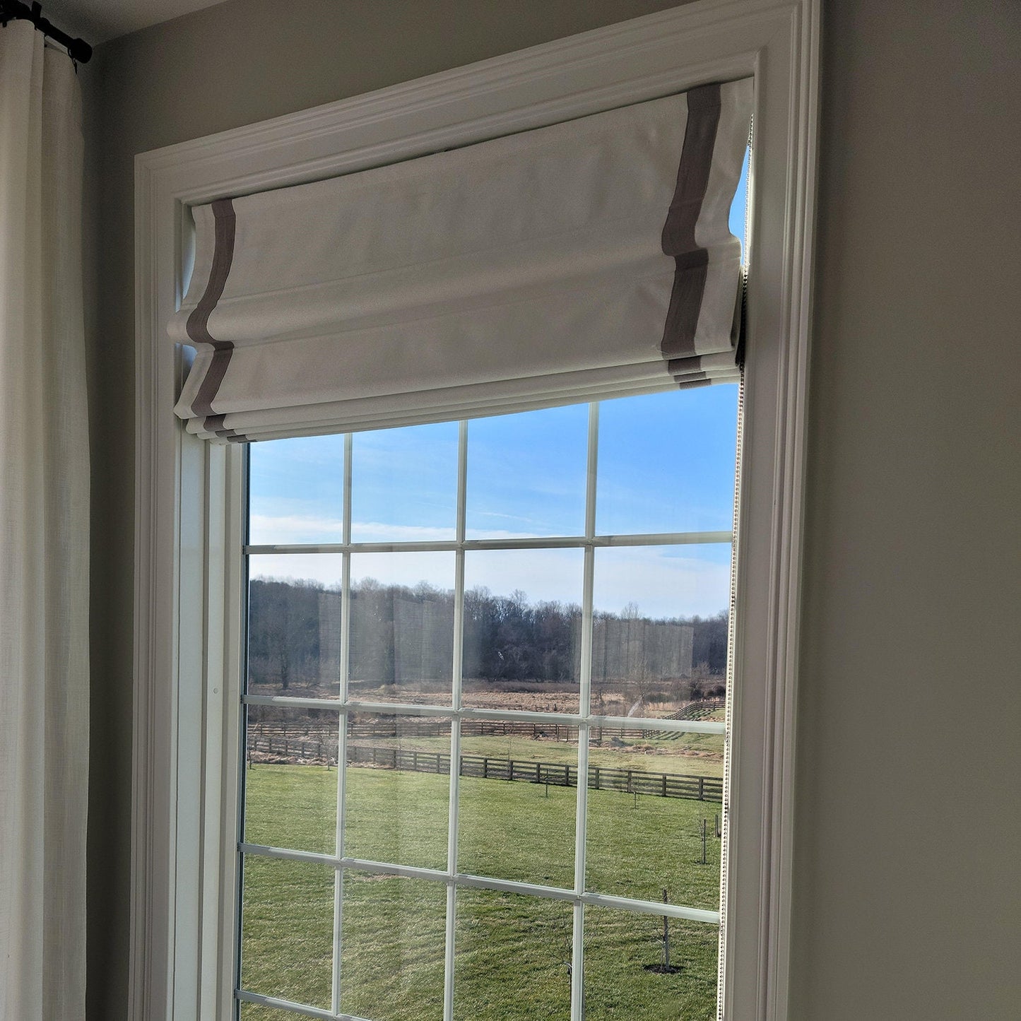 Cotton Blend Off White Relaxed roman shade/ blinds, kitchen Roman Shades with Trim, with Chain Mechanism - Custom made roman/Curtains