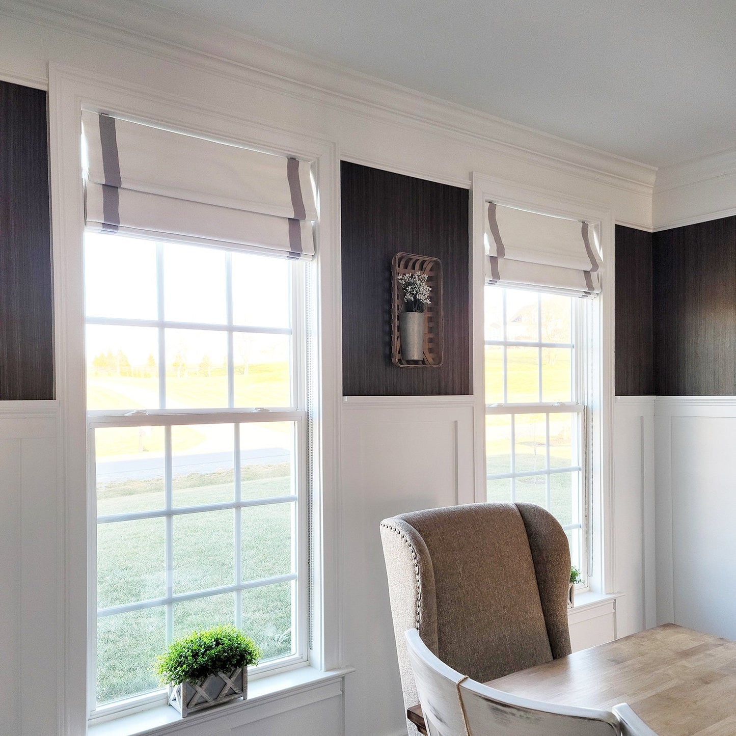 Cotton Blend Off White Relaxed roman shade/ blinds, kitchen Roman Shades with Trim, with Chain Mechanism - Custom made roman/Curtains