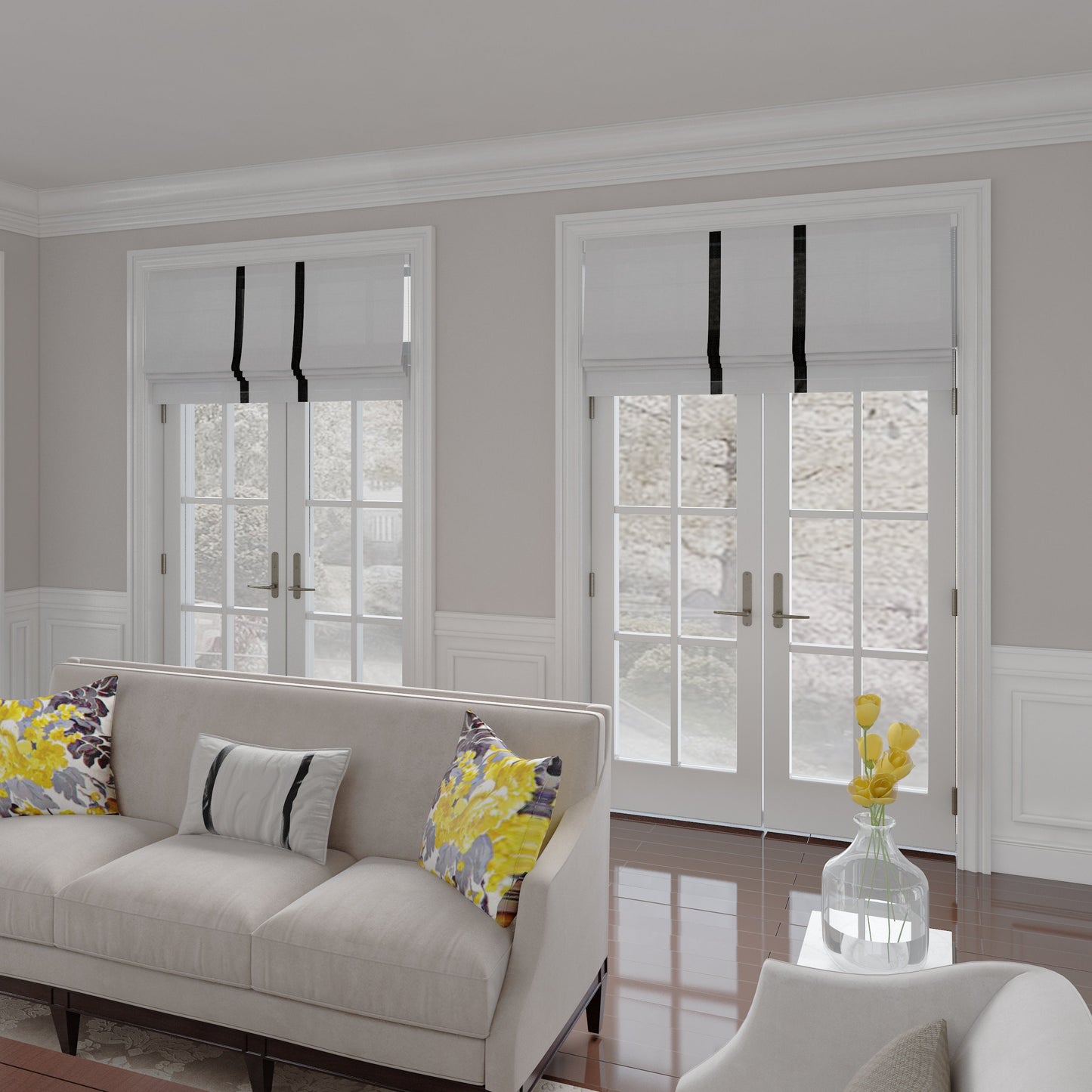 Roman Shades with Trim for Doors Windows/ Kitchen, off white Roman Shades Middle Striped Borders, Custom Roman Window Shades Hardware Included