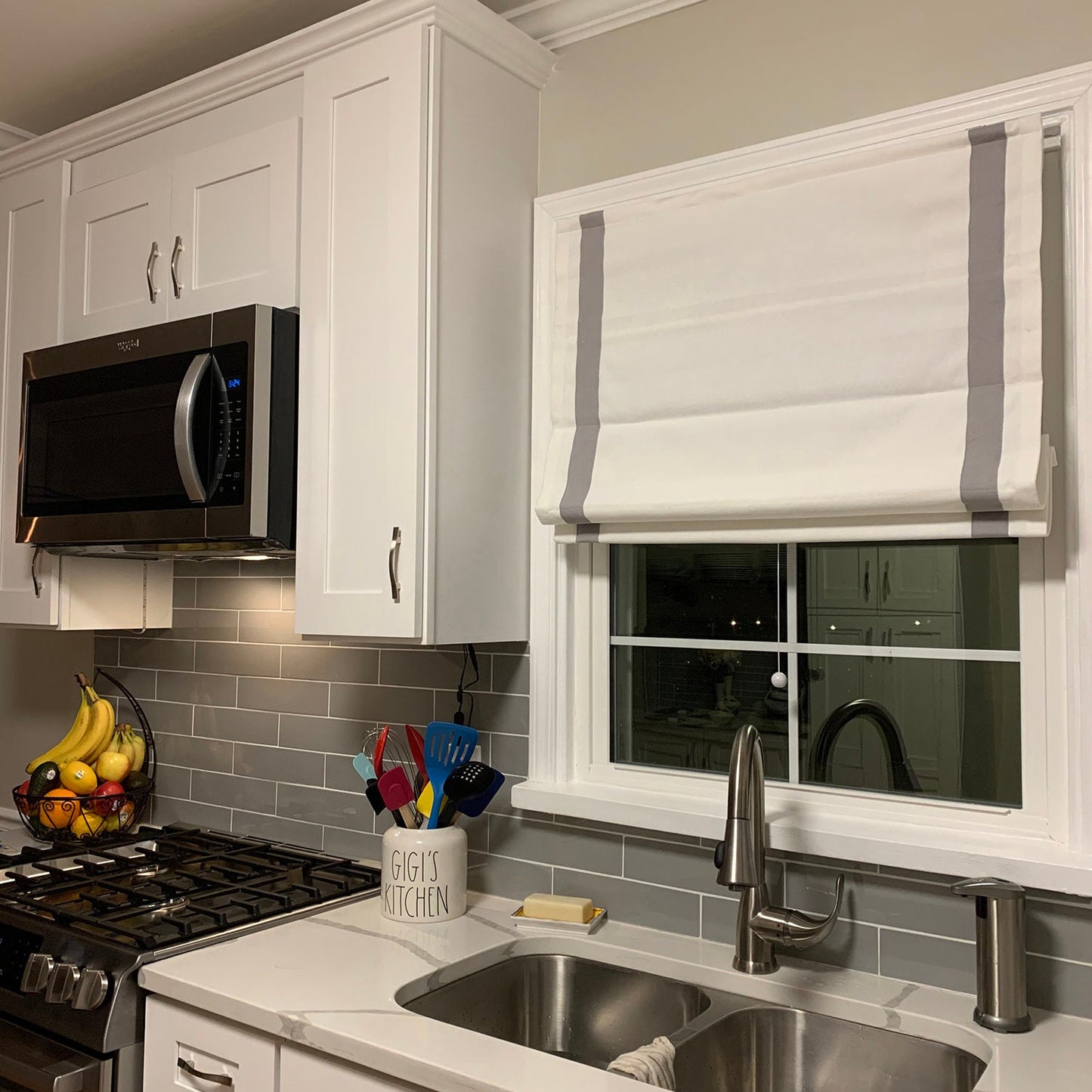 Cotton Blend Off White Relaxed roman shade/ blinds, kitchen Roman Shades with Trim, with Chain Mechanism - Custom made roman/Curtains