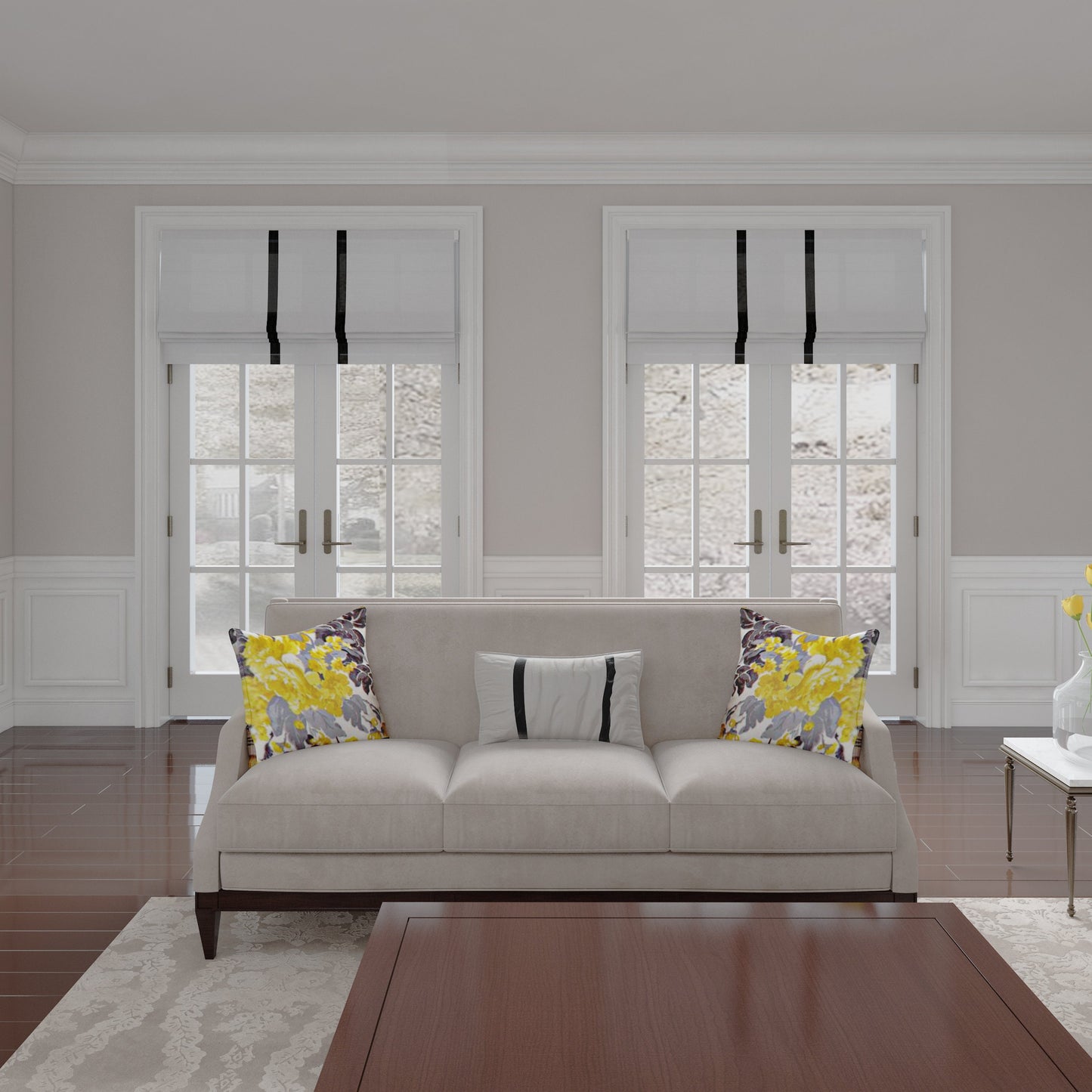 Roman Shades with Trim for Doors Windows/ Kitchen, off white Roman Shades Middle Striped Borders, Custom Roman Window Shades Hardware Included