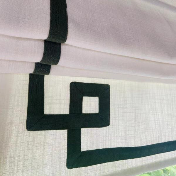 Flat White Roman Shades for Windows Roman Shade with Chain Mechanism, Geometric Greek Key Border Design, Custom Roman Blinds
