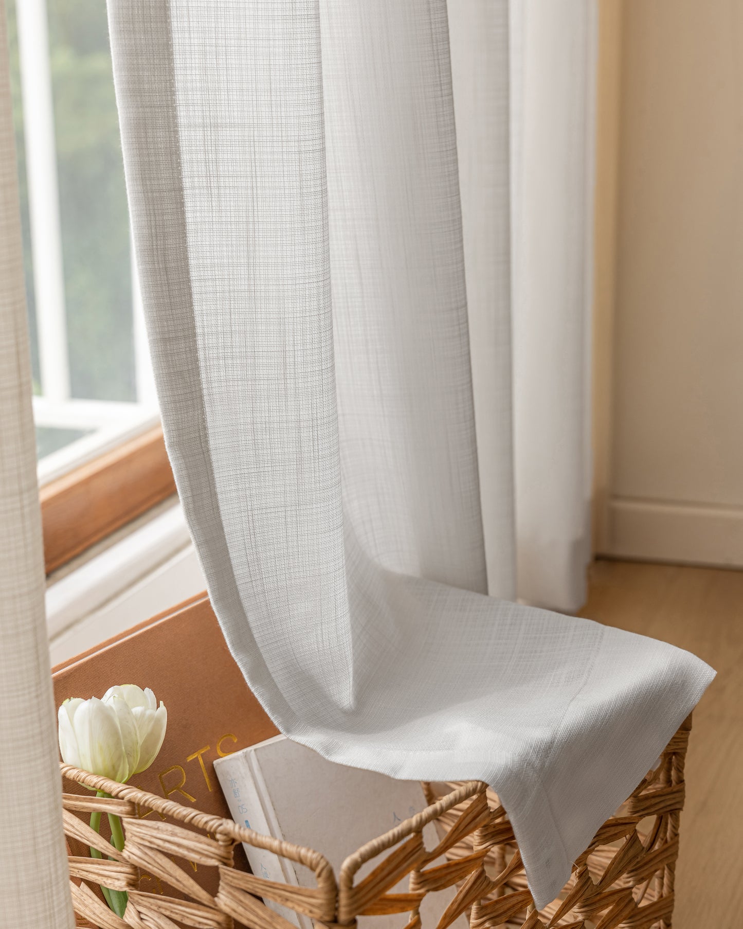 A pair of off-white Linen Blend Sheer Panels Voile Window Panels Drapes , Curtains for living room farmhouse, Custom Curtains