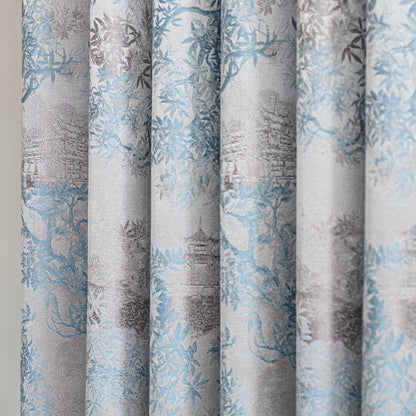 A pair of Chinese style printed retro pattern curtains, blue floral curtains, blackout curtains for living room and bedroom, custom curtains