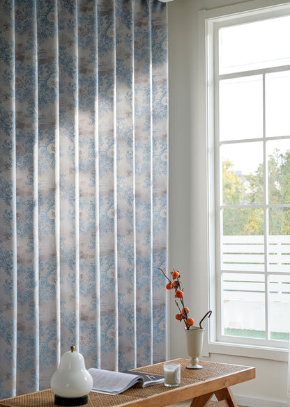 A pair of Chinese style printed retro pattern curtains, blue floral curtains, blackout curtains for living room and bedroom, custom curtains
