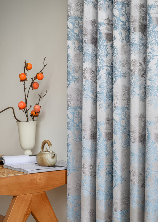 A pair of Chinese style printed retro pattern curtains, blue floral curtains, blackout curtains for living room and bedroom, custom curtains