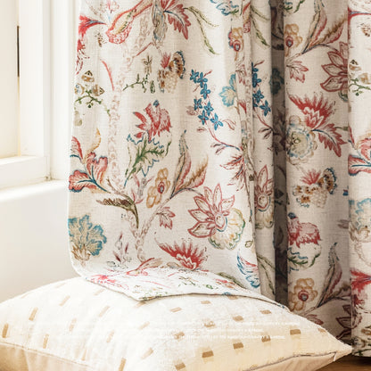 Pair of Beige Plant Birds illustration Flowers Print Curtain Panels, Rustic-farmhouse Drapes Bedroom-Curtains for living room-Custom Curtain
