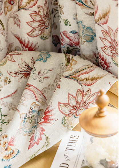 Pair of Beige Plant Birds illustration Flowers Print Curtain Panels, Rustic-farmhouse Drapes Bedroom-Curtains for living room-Custom Curtain