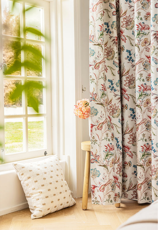 Pair of Beige Plant Birds illustration Flowers Print Curtain Panels, Rustic-farmhouse Drapes Bedroom-Curtains for living room-Custom Curtain