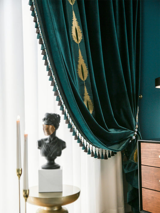 Set of 2 Emerald Green Tassels Velvet Curtains, Dark Green Grommet Velvet Curtain, Living Room of Curtains, With Trim Custom Size Curtains