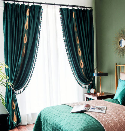 Set of 2 Emerald Green Tassels Velvet Curtains, Dark Green Grommet Velvet Curtain, Living Room of Curtains, With Trim Custom Size Curtains