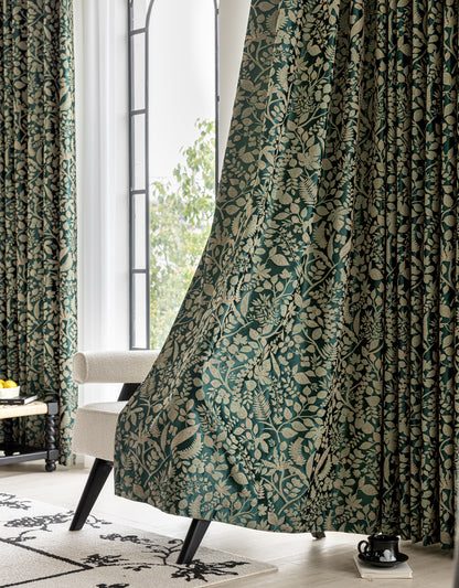 Pair of Emerald /Deep Green Luxury Thread Botanical Floral Embroidery Curtains for Bedroom, Curtains for Living Room Panels, Custom Curtains