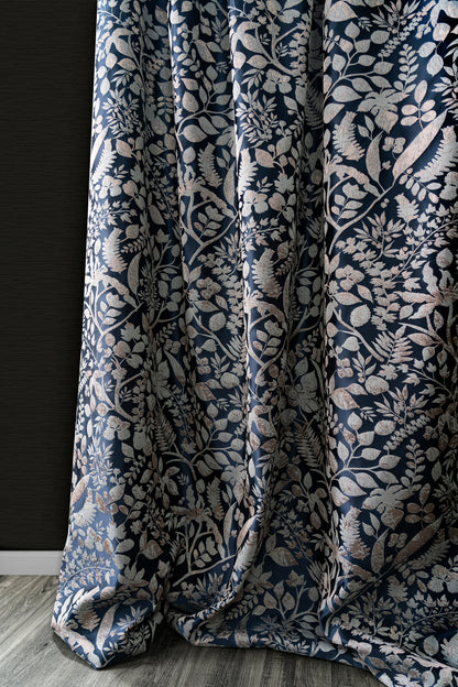 Pair of Dark Blue/ Navy Blue Luxury Golden Thread Botanical Floral Jacquard Curtains Draperies/ Bedroom/Living Room, Custom Curtains Panels
