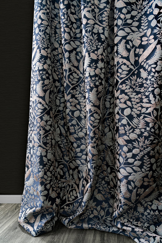 Pair of Dark Blue/ Navy Blue Luxury Golden Thread Botanical Floral Jacquard Curtains Draperies/ Bedroom/Living Room, Custom Curtains Panels