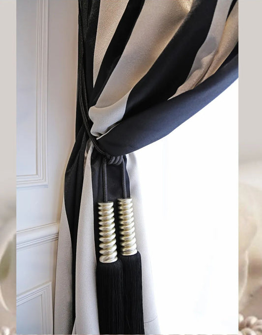 A Pair of Black and Beige Vertical Striped Luxury Curtain Panel Draperies/ Bedroom/Living Room, Custom Curtains Panels