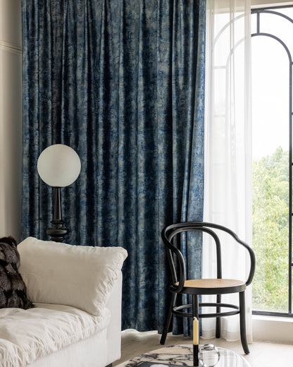 Pair of Luxurious Gold Gilded Blue Velvet Curtain Panels, Velvet Drapes for Bedroom Living Room Custom Curtains Velvet Curtains