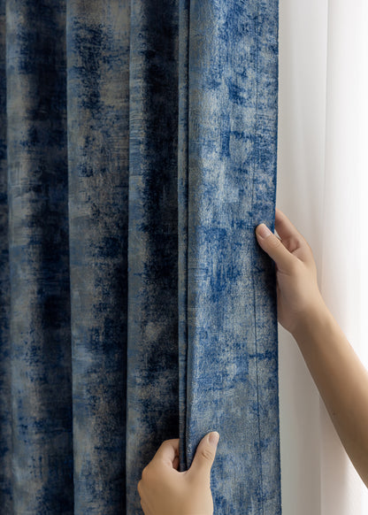 Pair of Luxurious Gold Gilded Blue Velvet Curtain Panels, Velvet Drapes for Bedroom Living Room Custom Curtains Velvet Curtains