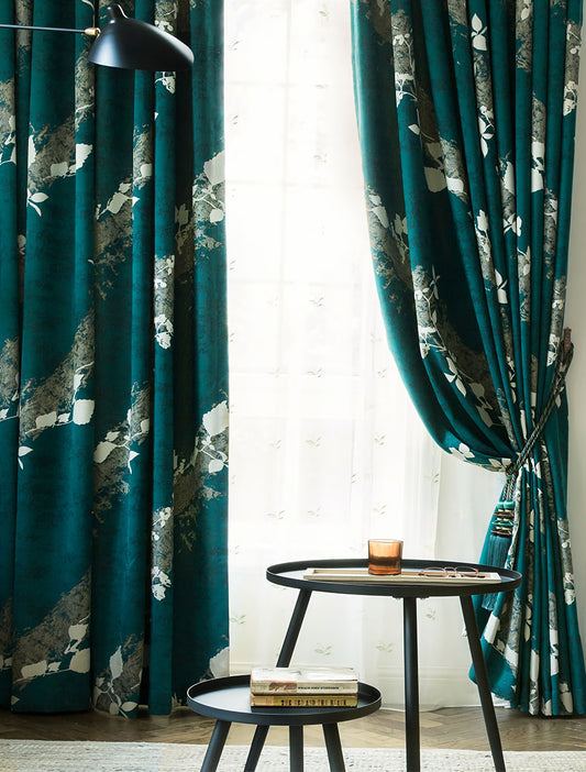 A Pair of Jacquard Abstract Pattern Curtains, Green Floral Window Curtain Draperies, Bedroom curtains for living room, Custom size curtains