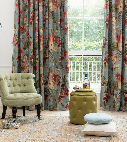 Pair of Blue Gorgeous Flowers/Floral Embroidered Curtain Panel,60% Cotton Blend Jacquard Curtains Drape, Bedroom Living Room Custom Curtains