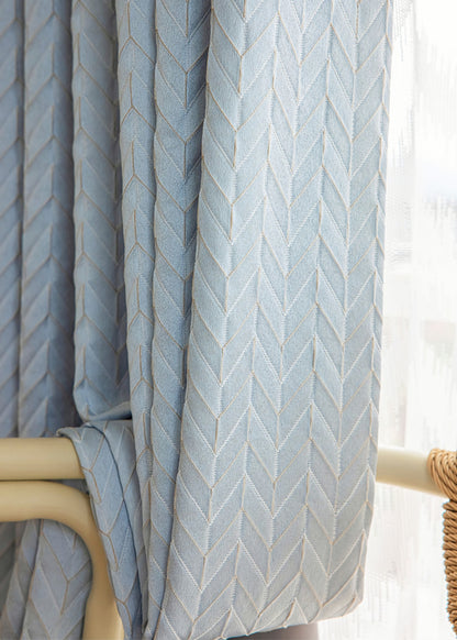 A Pair of Luxury Gold Lines Fishbone Pattern Jacquard Sky Blue Curtains , Bedroom/Living Room Curtain Panel ,Custom Curtain Draperies