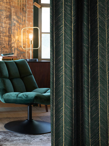 Pair of Emerald/ Dark Green Luxury Gold-line Jacquard Curtains Panels/Stripes, Bedroom/Living room Curtain With Fishbone/Herringbone Pattern