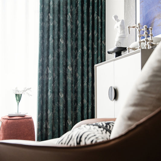 Pair of Luxury Emerald Green Curtains Drapes Bedroom/Living Room Curtains, Floral Plant Golden Jacquard Pattern, Custom Curtains Windows