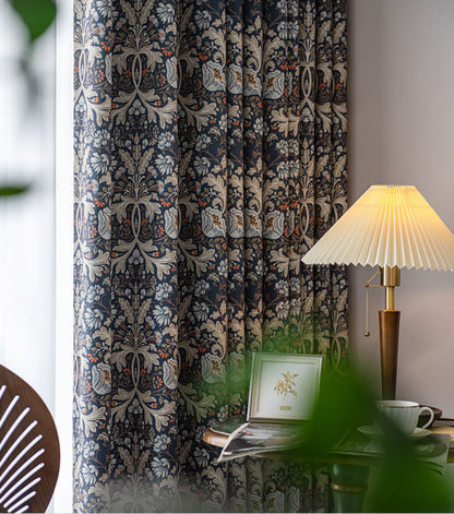 Pair of Navy blue Plant Flower Print Pattern Victorian Curtain Panels, Rustic/Country style Bedroom/Curtains for living room, Custom Curtain