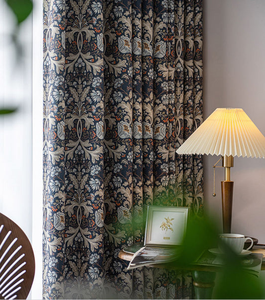 Pair of Navy blue Plant Flower Print Pattern Victorian Curtain Panels, Rustic/Country style Bedroom/Curtains for living room, Custom Curtain