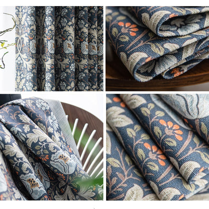 Pair of Navy blue Plant Flower Print Pattern Victorian Curtain Panels, Rustic/Country style Bedroom/Curtains for living room, Custom Curtain