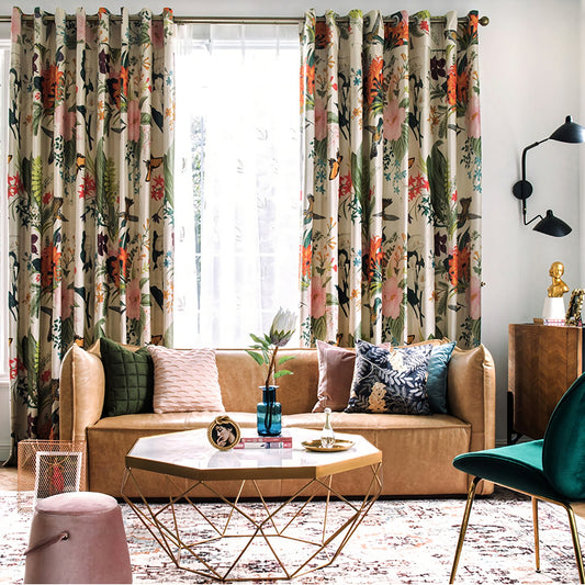 Pair of Bird Print Velvet Curtains Draperies, Pastoral style, birds /Floral Pattern, Living & Bedroom Curtain, Custom size curtains