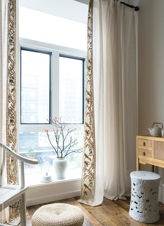 A Pair of Off-white Linen blend Sheer Curtain Voile Panels - ANY SIZE - Bird Figure Embroidered trim Custom Sheer Curtains Made To Order
