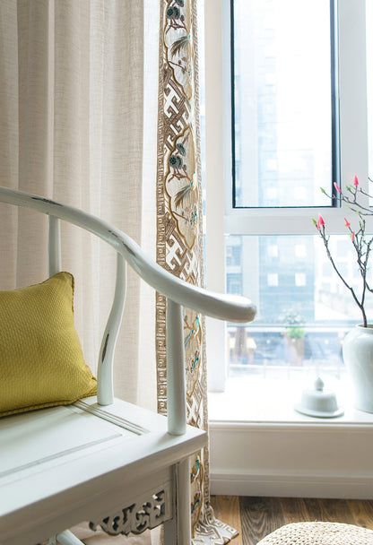 A Pair of Off-white Linen blend Sheer Curtain Voile Panels - ANY SIZE - Bird Figure Embroidered trim Custom Sheer Curtains Made To Order
