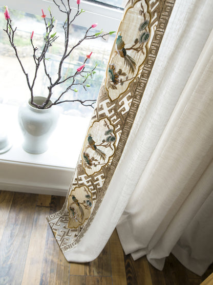 A Pair of Off-white Linen blend Sheer Curtain Voile Panels - ANY SIZE - Bird Figure Embroidered trim Custom Sheer Curtains Made To Order