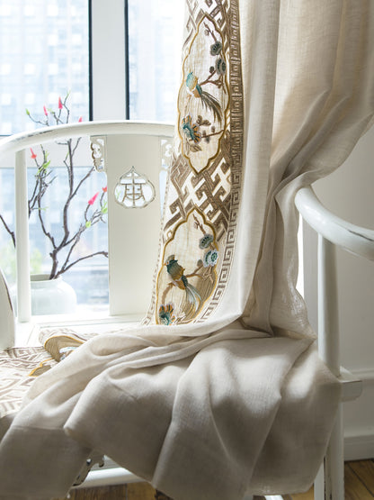 A Pair of Off-white Linen blend Sheer Curtain Voile Panels - ANY SIZE - Bird Figure Embroidered trim Custom Sheer Curtains Made To Order