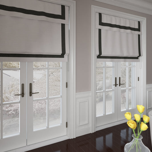 Roman Shades with Trim for Doors Windows/ kitchen, Ivory Flat Roman Shades Valance Striped Borders, Hardware Included Custom Size Shades